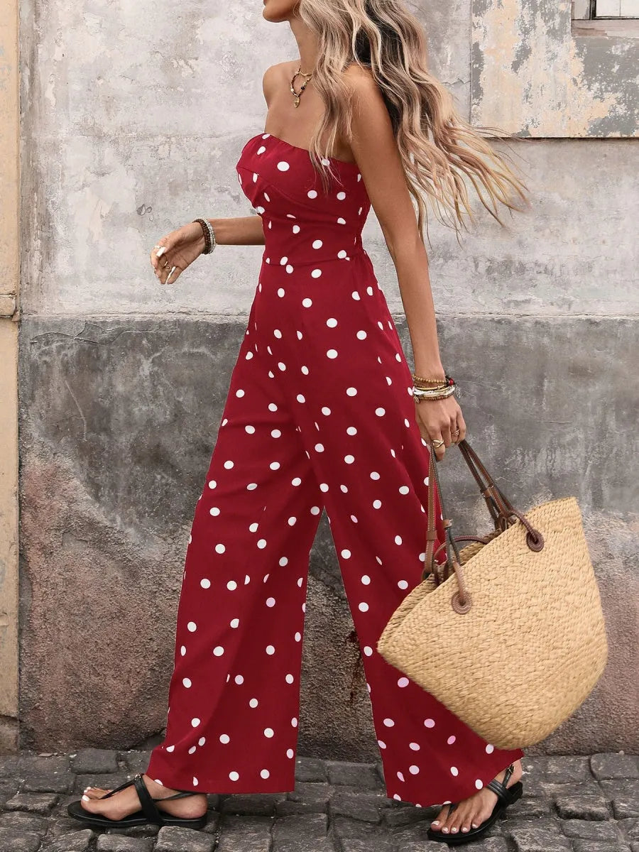 Retro Polka Dots High-waisted Wide-leg Pants Vacation Jumpsuits