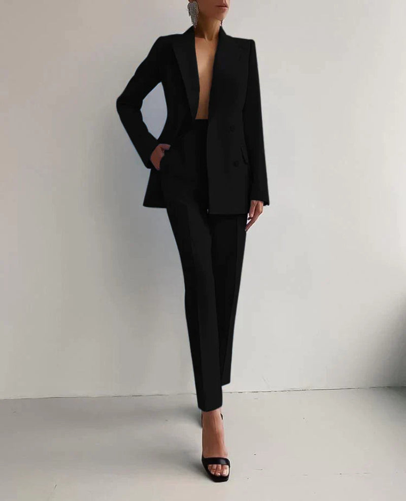 Women's Solid Color Buttoned Pocket Blazer and Trouser Set | For Everyday Wear