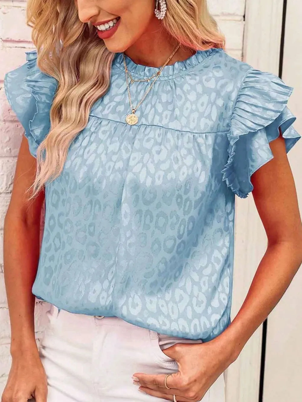 Blouse Top Leopard Print Ruffled Cap Sleeve Versatile