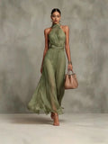 Halter Neck Solid Color Chiffon Vacation Style Waist-cinching Pleated Long Dress