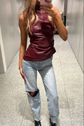 Sleeveless Top with Faux Leather and High Neck for Women