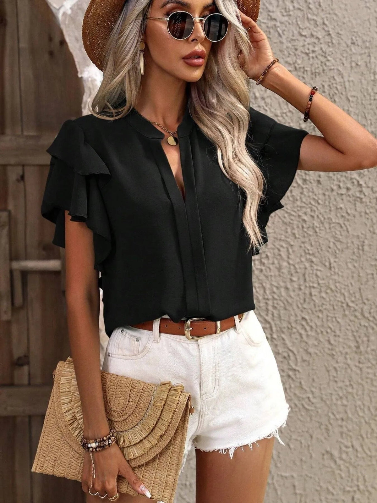 Blouse Top Ruffle Sleeve Notched Casual Elegant Business