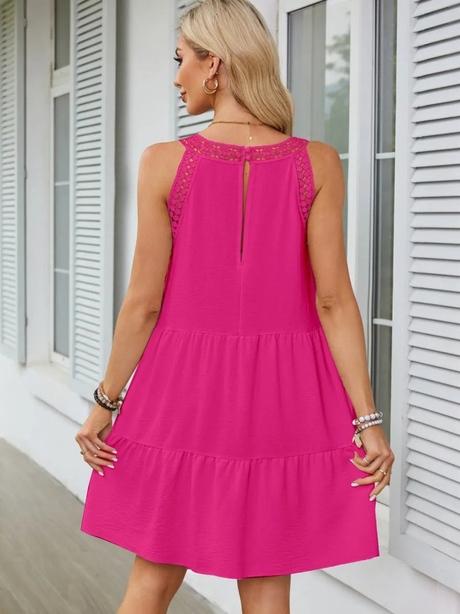 A-line Short Dress With Hollowed-out Lace Trim And Halter Neck