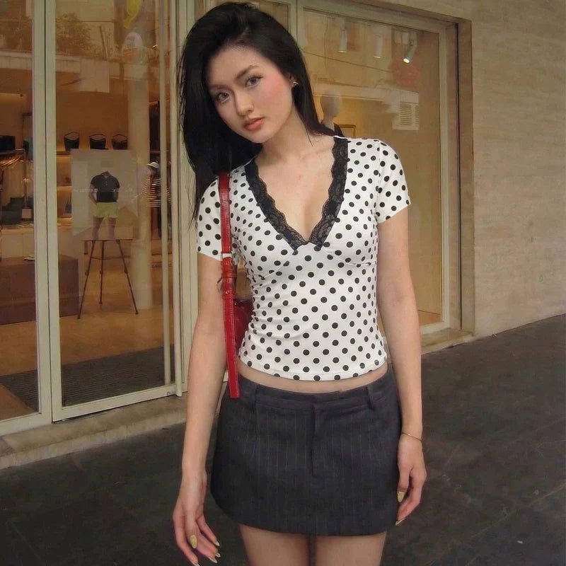 Kirra Polka Dot Lace Trim Top