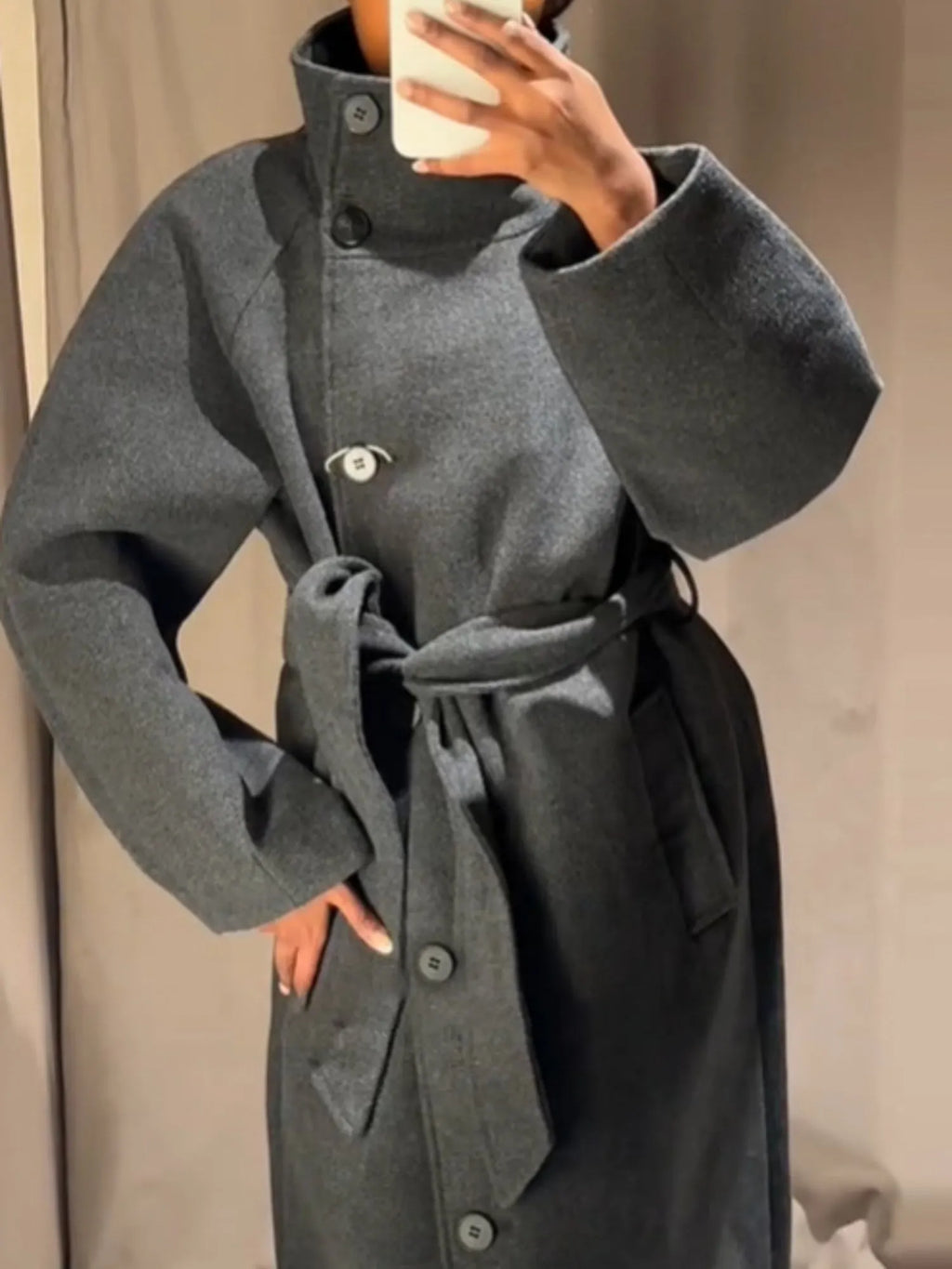 Waist-cinching Wool Coat Stand-up Collar Tie Coats
