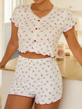Printed Button Lace Short Sleeves And Shorts Pajama Set