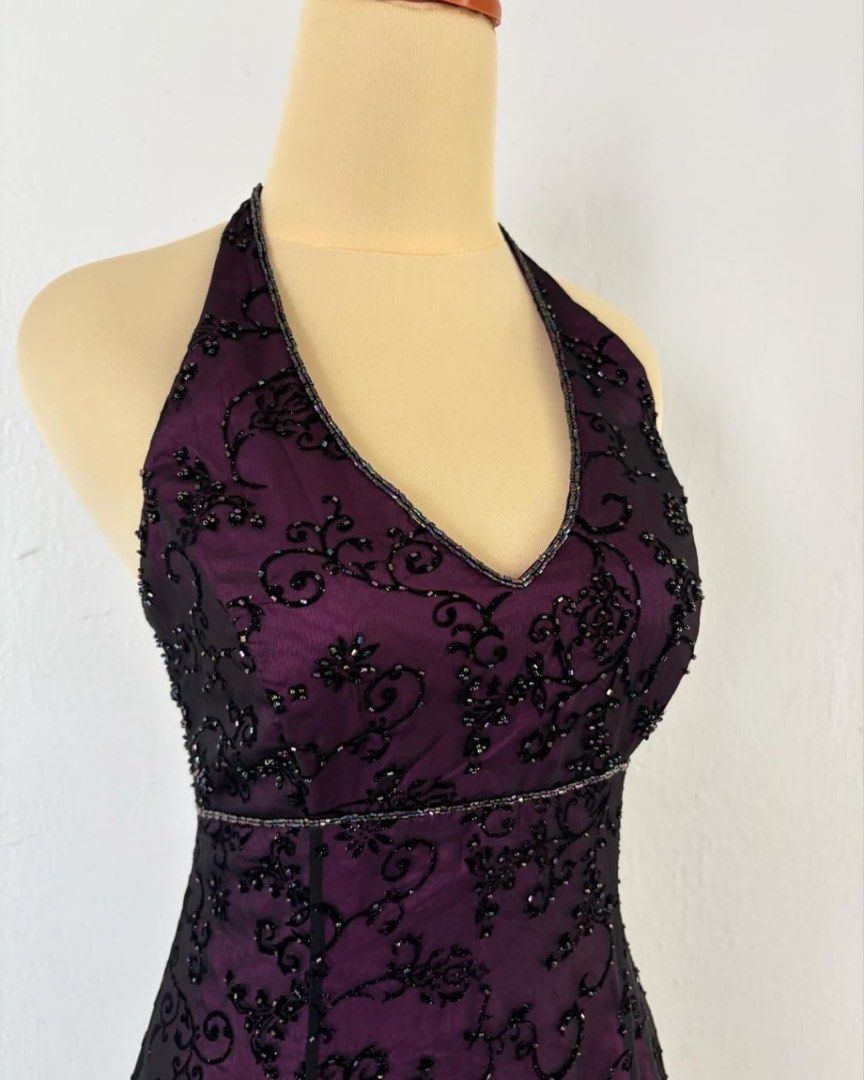 -Dark Purple Vintage Exquisite Floral Long Chiffon Prom Dress Homecoming Dress Fairy Dress