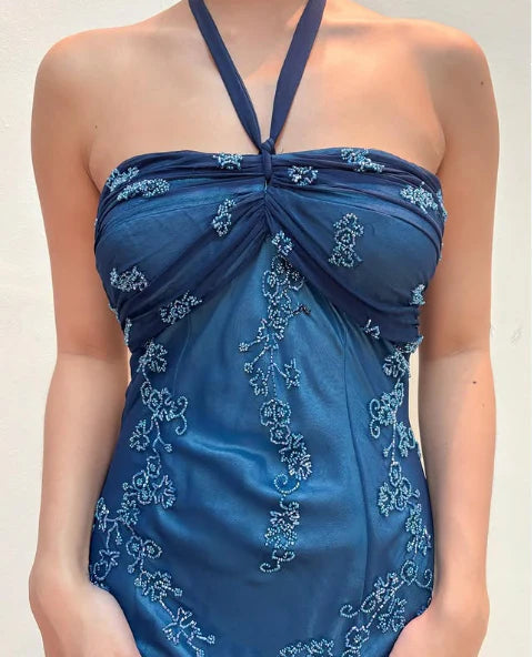 Dark Blue Fairy Mermaid Beaded Long Chiffon Formal Prom Evening Dress Wedding Guest Party Gown Dress Greek Halter Neck