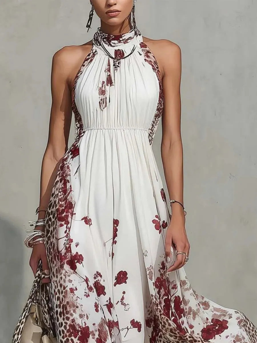 Floral Leopard Print Turtleneck Sleeveless Temperament Vacation Maxi Dresses