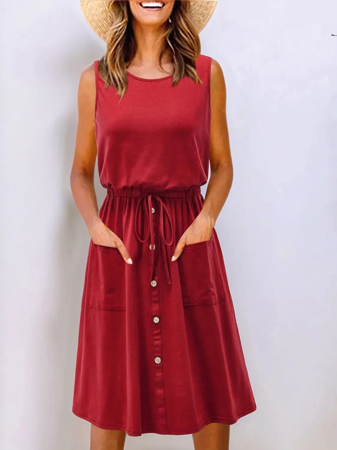 Tank Dress Midi Casual Drawstring Slightly Stretchy