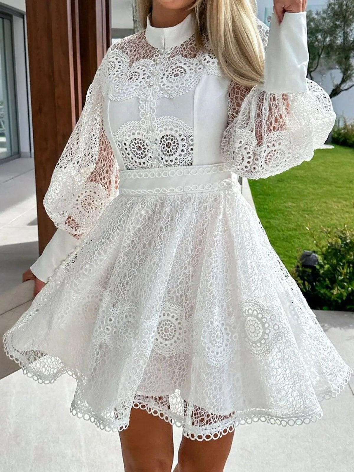 Lace Mini Dress with Lantern Sleeves