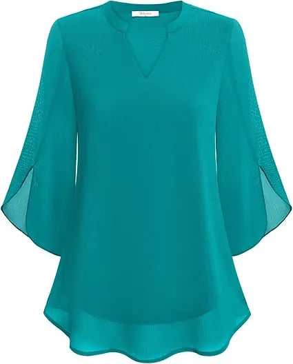 Airy Loose-Fitting Blouse for Women with Split Neck and Three-Quarter Sleeves