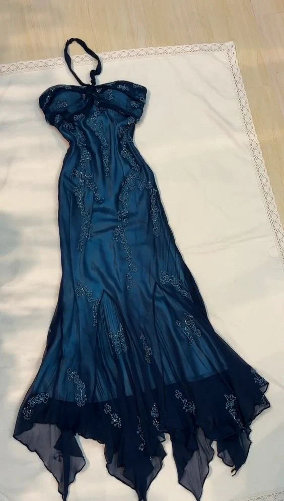 Dark Blue Fairy Mermaid Beaded Long Chiffon Formal Prom Evening Dress Wedding Guest Party Gown Dress Greek Halter Neck