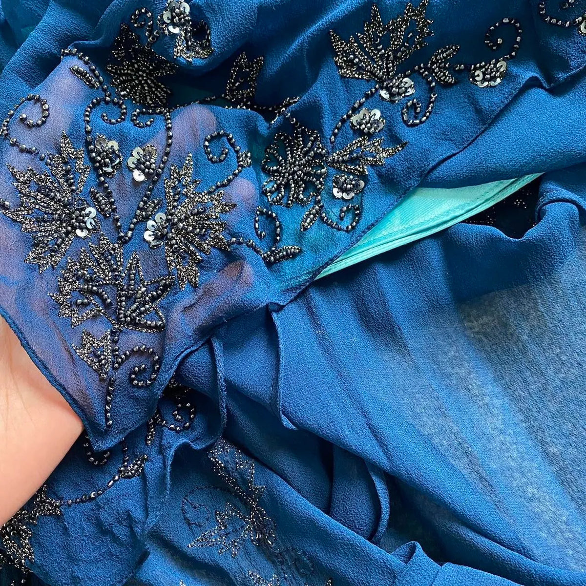 Dark blue gorgeous flowing vintage beautiful elegant delicate floral beaded spaetti strap long chiffon ball gown evening dress party dress prom dress