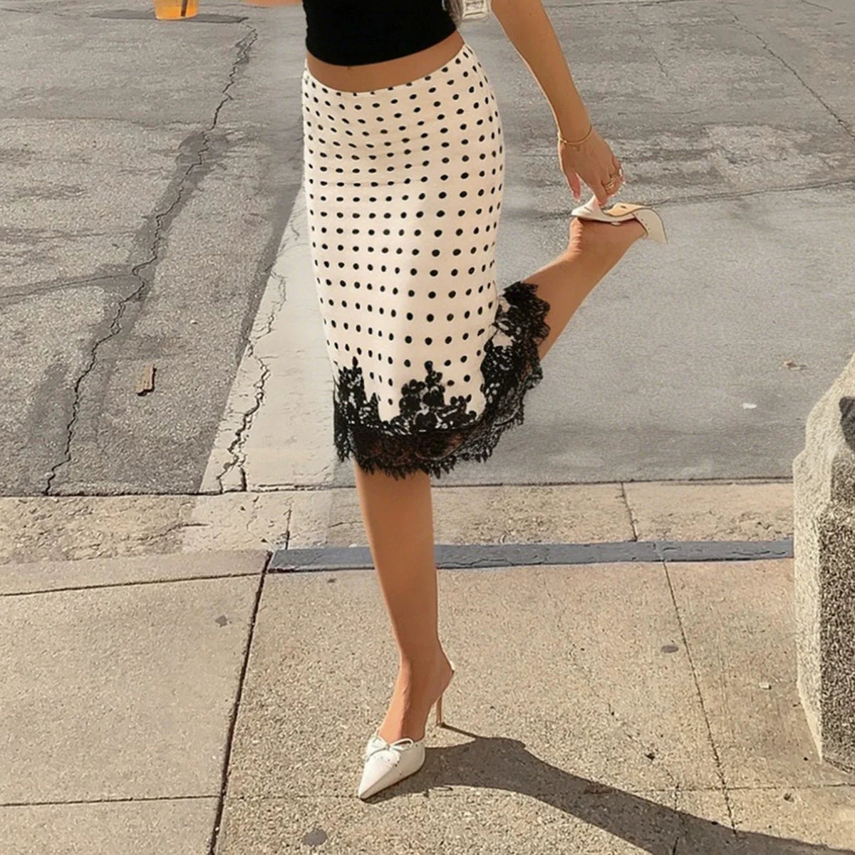 Kaislee Polka Dot Lace Midi Skirt