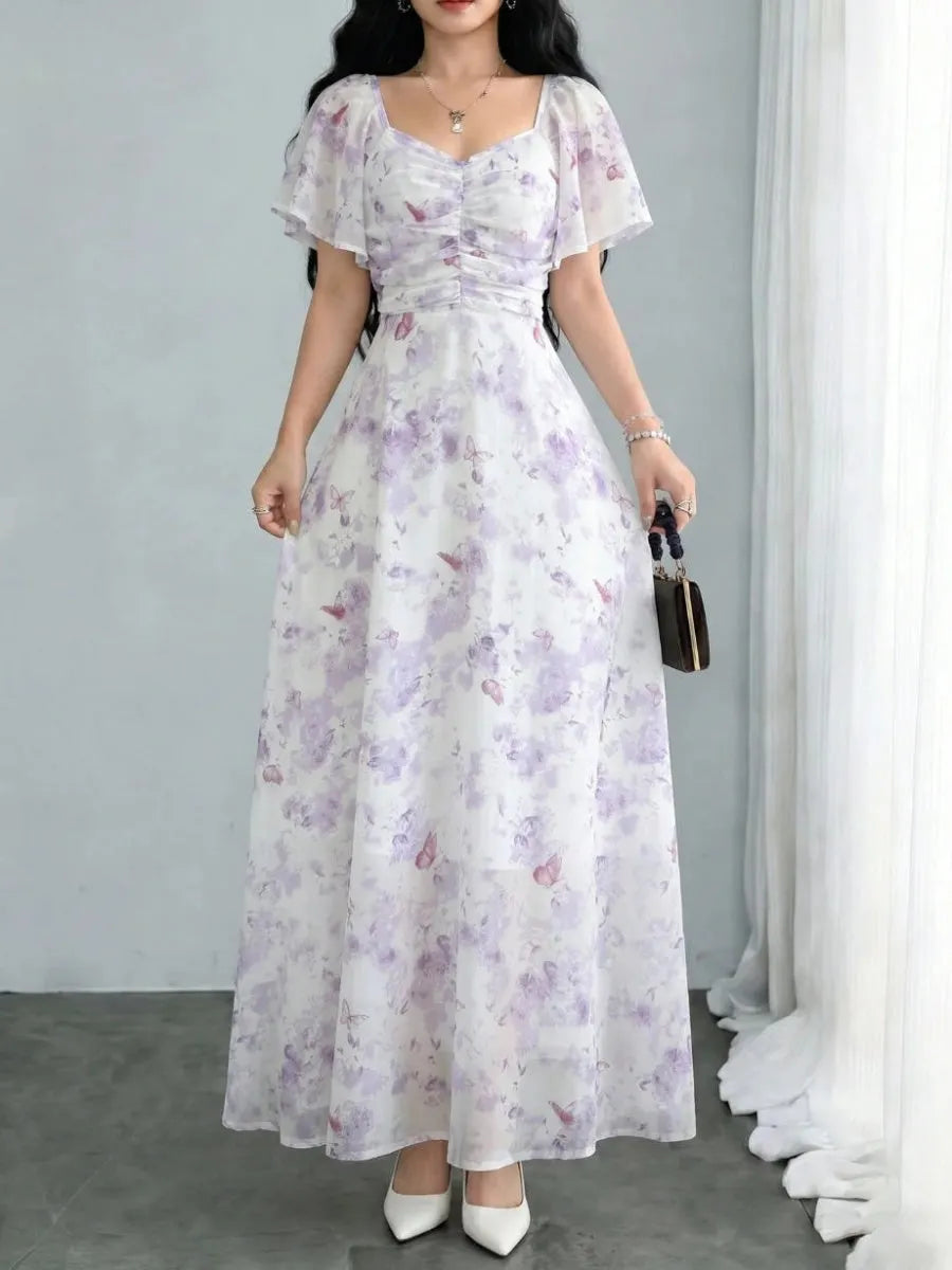 Floral Lotus Leaf Sleeves Sweetheart Collar Vacation And Leisure Maxi Dresses
