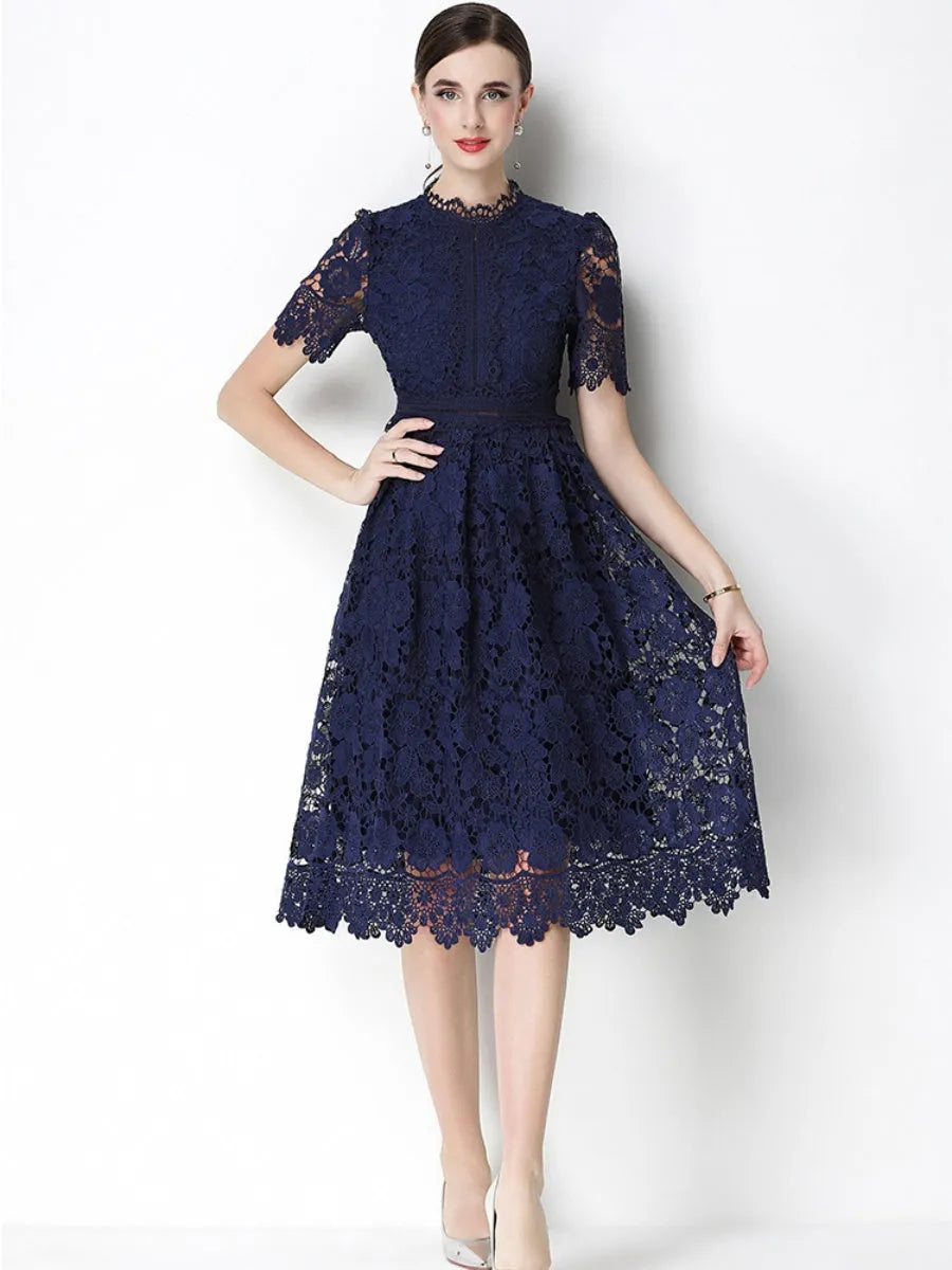 Hollow-out Water-soluble Lace Midi Dress