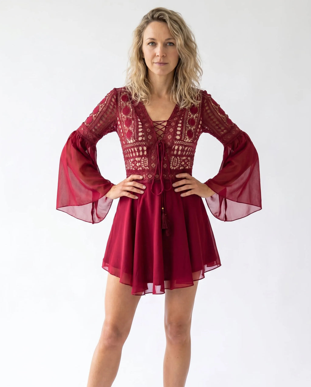 Women's Romantic Mini Dress with Embroidery and Bell Sleeves