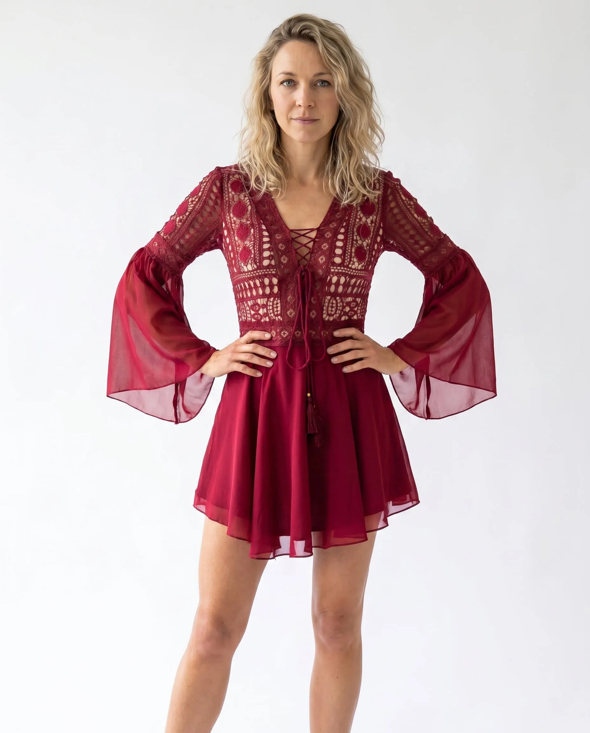 Women's Romantic Mini Dress with Embroidery and Bell Sleeves