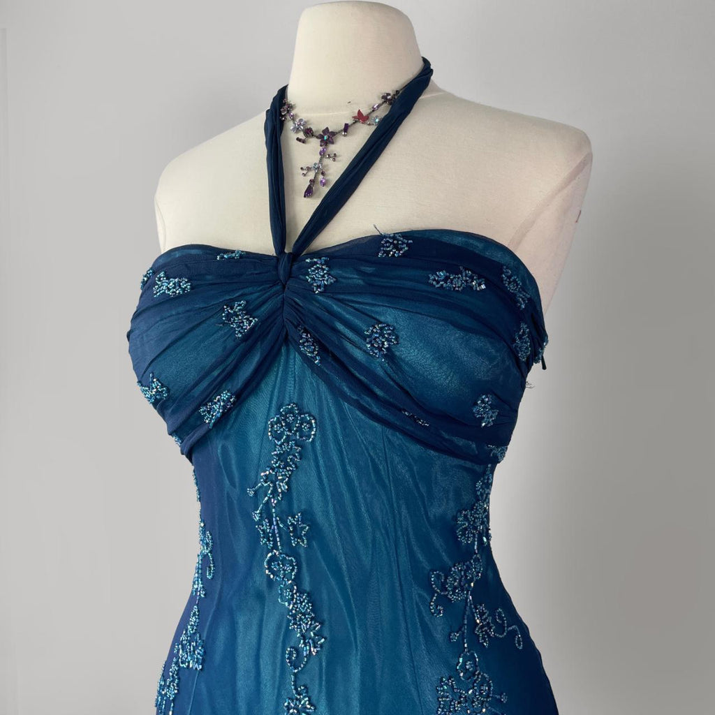 Dark Blue Fairy Mermaid Beaded Long Chiffon Formal Prom Evening Dress Wedding Guest Party Gown Dress Greek Halter Neck