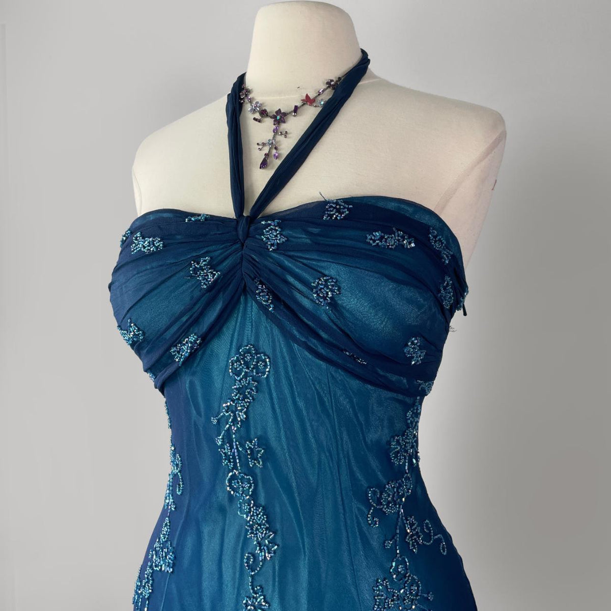 Dark Blue Fairy Mermaid Beaded Long Chiffon Formal Prom Evening Dress Wedding Guest Party Gown Dress Greek Halter Neck