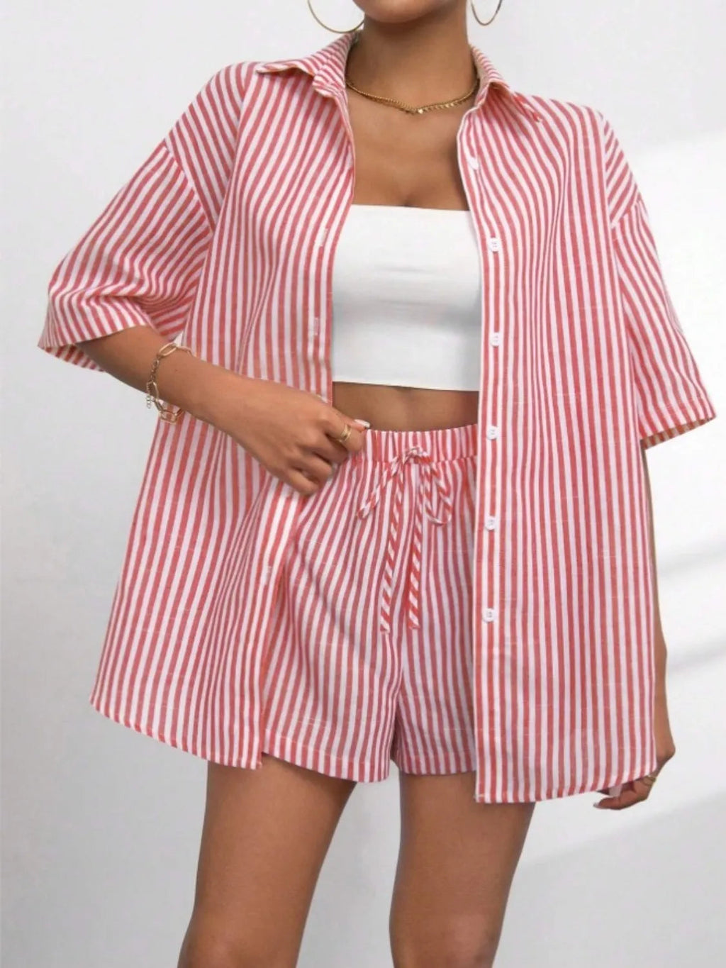 Two-Piece Outfit Set Striped Button Up Shirt & Casual Shorts
