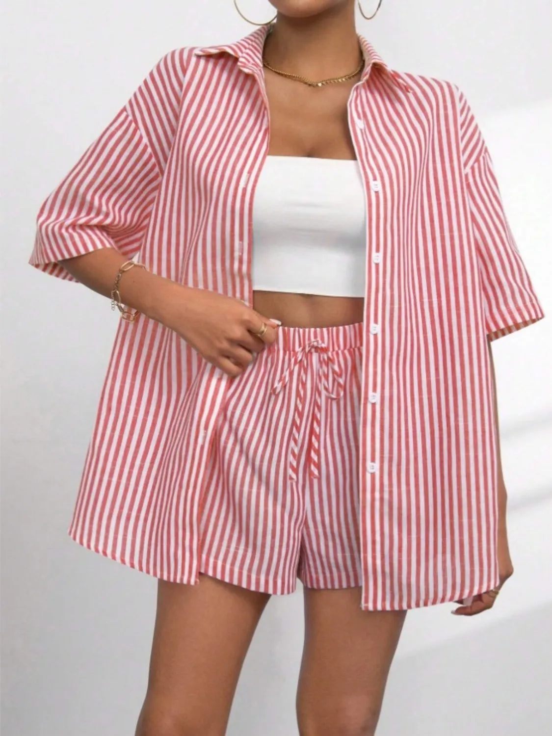 Two-Piece Outfit Set Striped Button Up Shirt & Casual Shorts