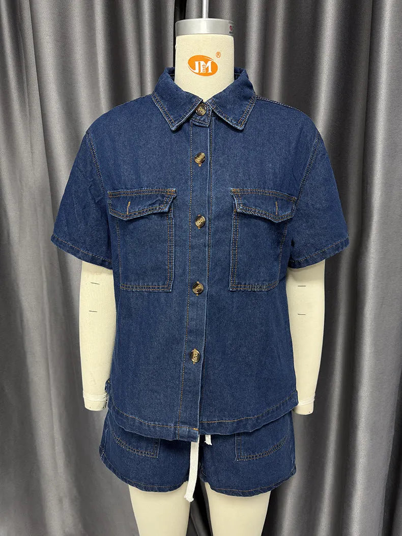 Retro Casual Loose Pockets Short Sleeved Shirt Shorts Denim Two Piece Sets