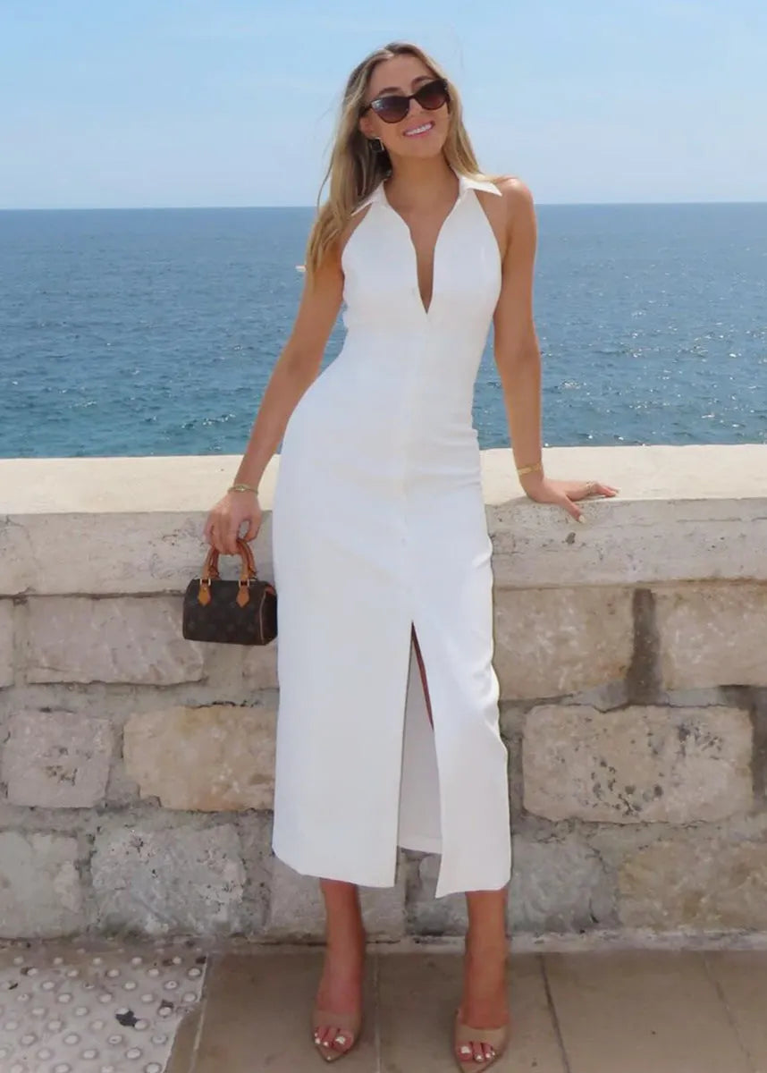 Seabreeze Collar - Halter Button-Down Midi Dress