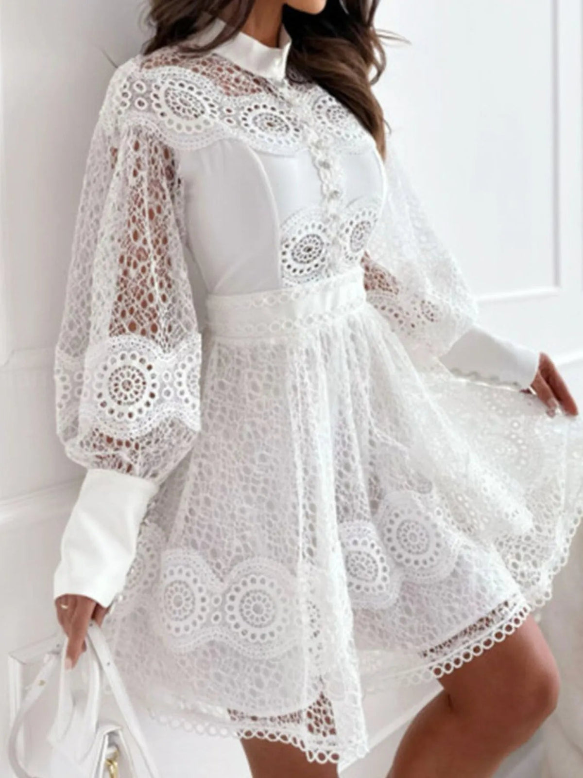 Lace Mini Dress with Lantern Sleeves