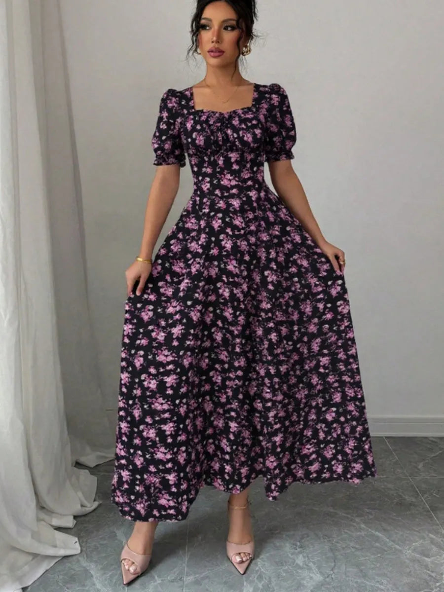 Floral Short Sleeve Square Collar Ruffle Vacation And Leisure Maxi Dresses