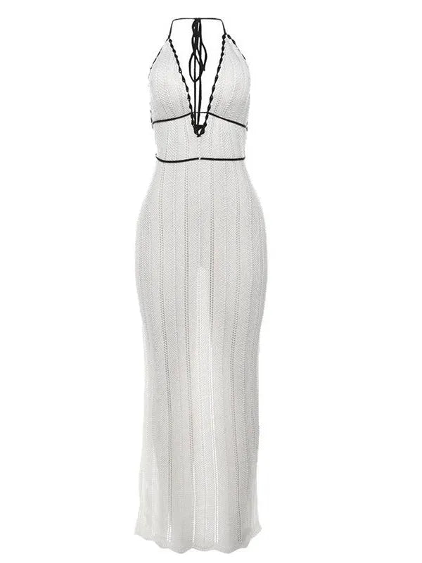 V-neck Halter Neck Backless Knitted Beach Maxi Dress