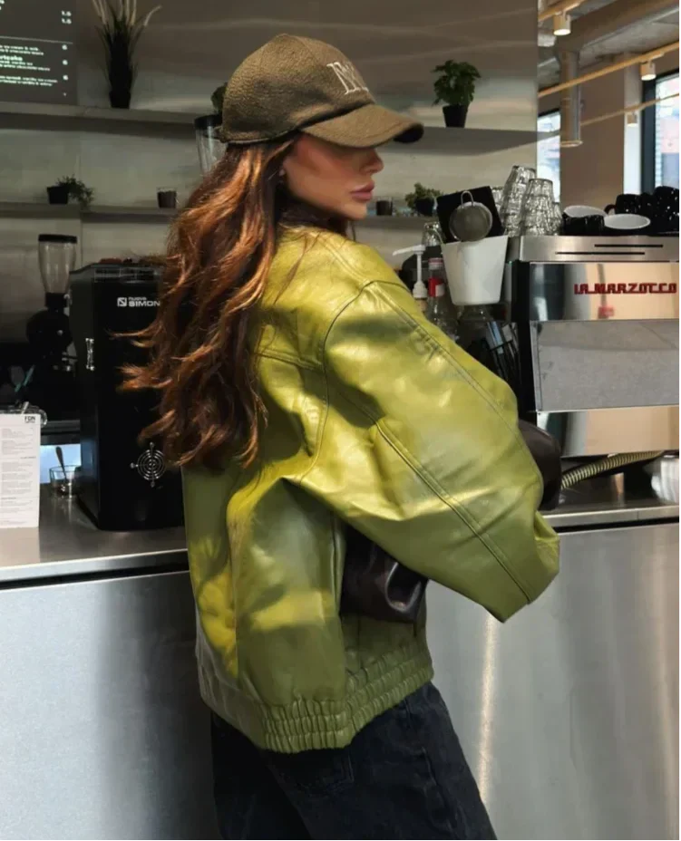 Trendy Oversized Green Leather Jacket for Women with Relaxed Fit