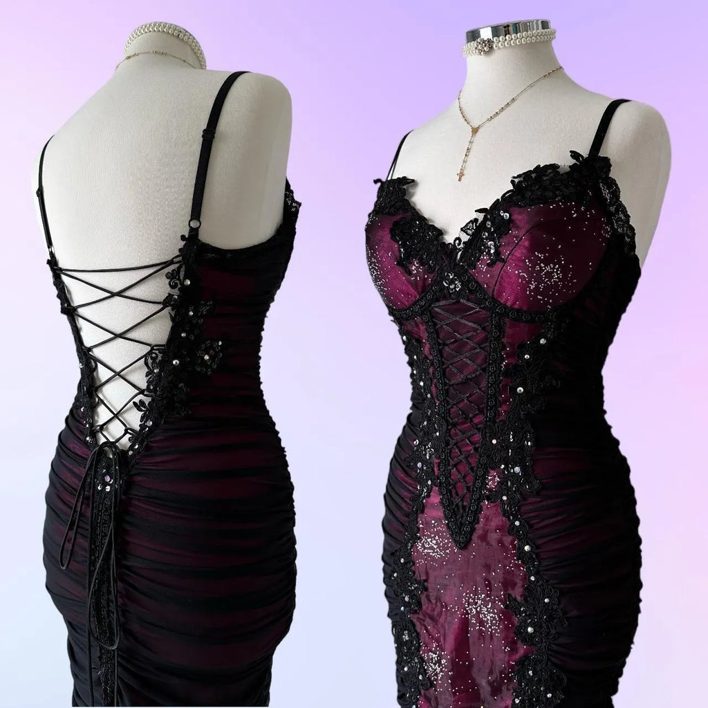 Berry pink stunning vintage fashion pleated mesh midi length elegant lace ball gown evening dress birthday party dress prom dress