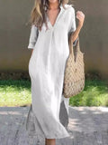 V-neck, Three-quarter Sleeve, Long Dress With Side Slit Pockets And Pleated Chest
