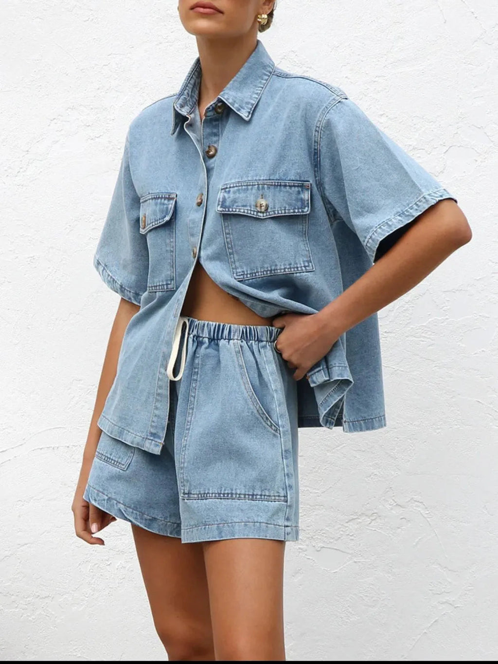 Denim Button-Up Top & Shorts Set
