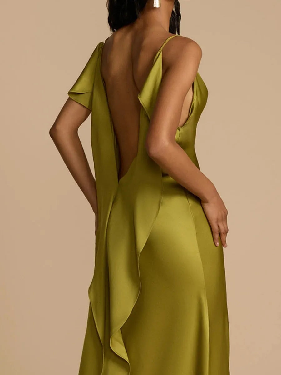 Backless Ribbon Satin Slits Wedding Maxi Dresses