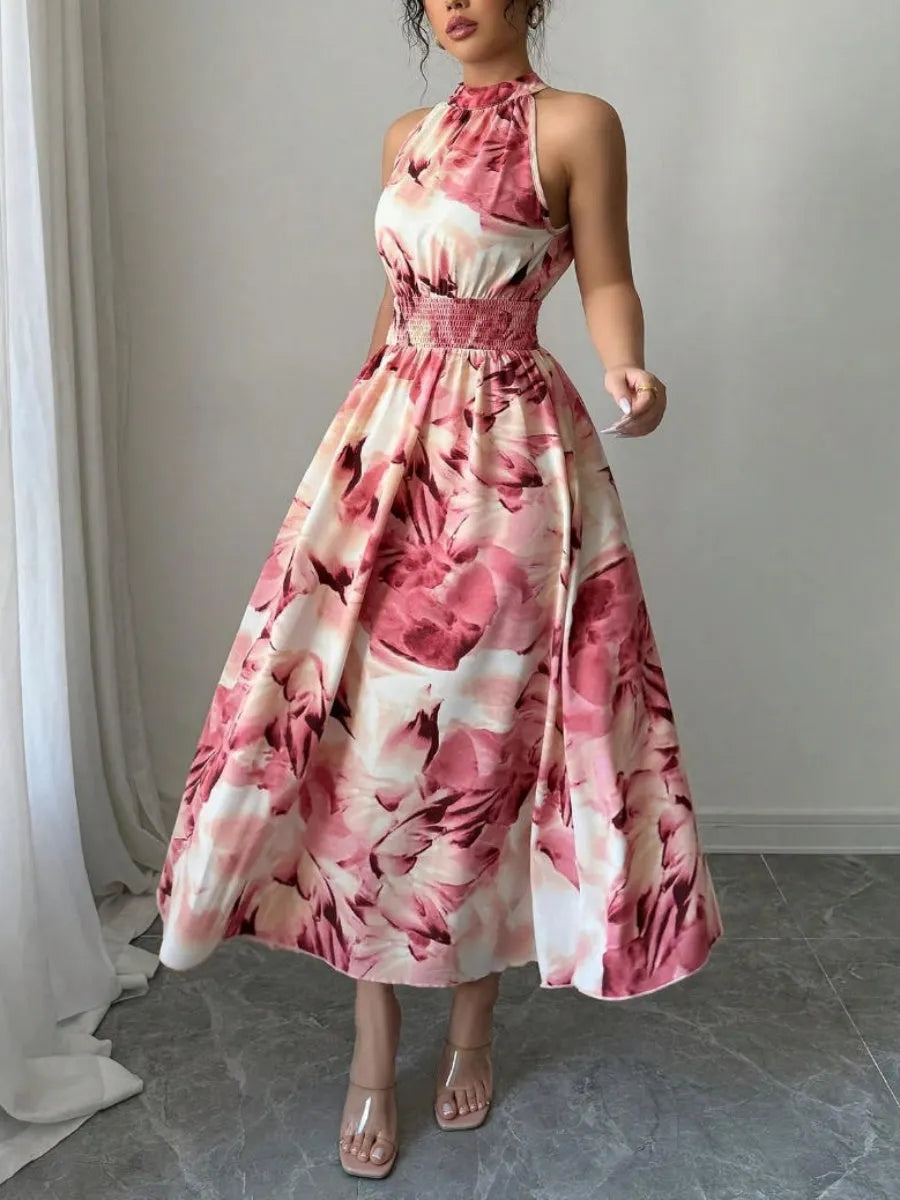 Printed Halter Sleeveless Vacation And Leisure Maxi Dresses