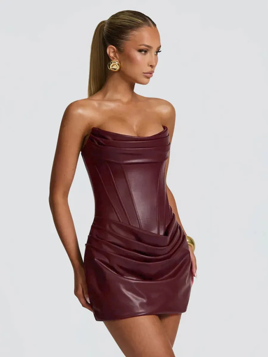 PU Pleated Fishbone Strapless A-line Bustier Mini&Short Dresses