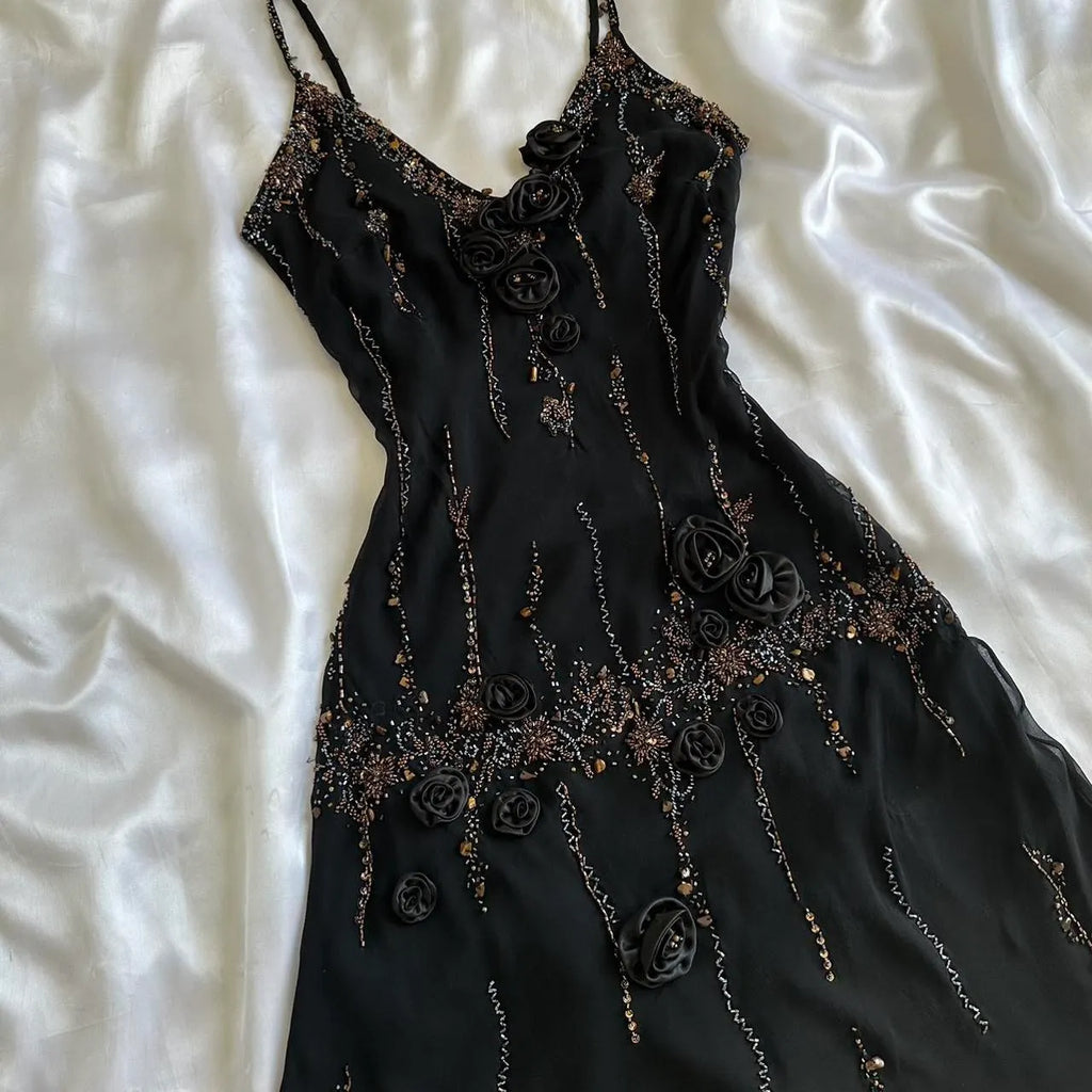 🥀✨Black Shiny Beautiful Vintage Gorgeous Fashion Elegant Exquisite Black Rose Gold Beading Midi/Short Chiffon Homecoming Dress Prom Dress Evening Dress Birthday Party Dress Ball Gown