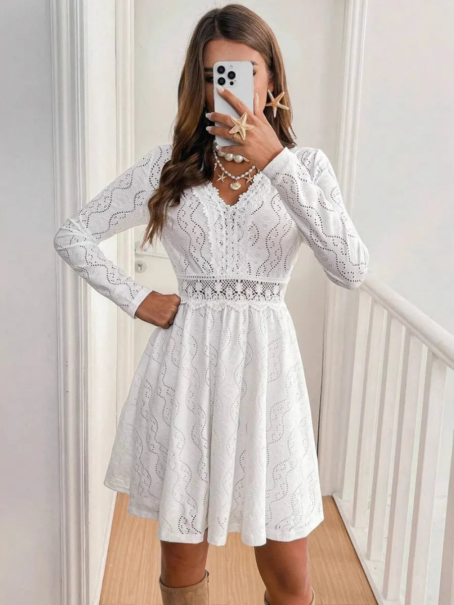 Hollow Lace Splicing Long Sleeve Mini&Short Dresses