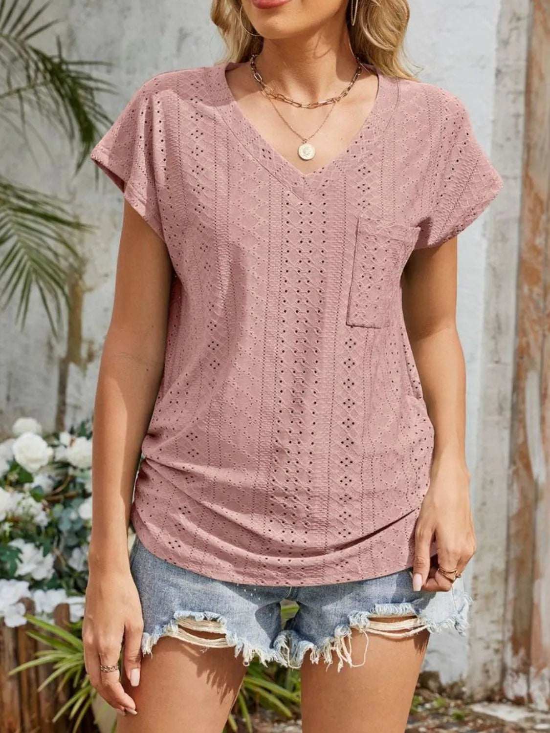 Blouse Top Casual Comfy Slight Stretch Eyelet Boho Chic