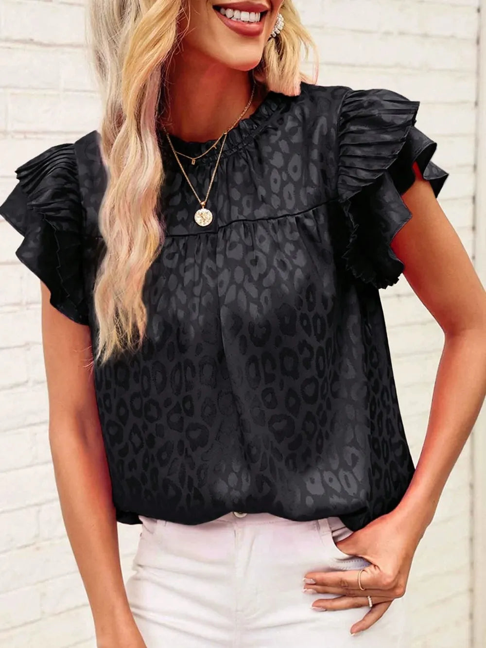 Blouse Top Leopard Print Ruffled Cap Sleeve Versatile