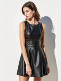 Crew Neck Sleeveless Waist PU Leather Mini&Short Dresses