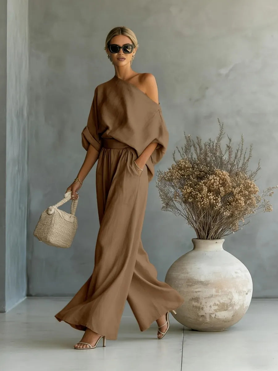 Loose-fit Off-shoulder Jacket Wide-leg Pants Set 2-piece Sets