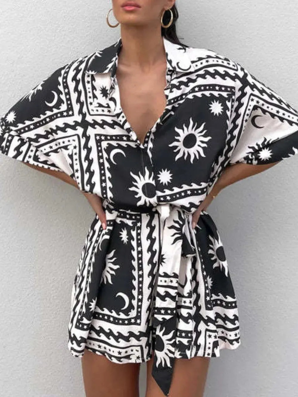 Printed Romper – Tie Waist with Half Sleeves