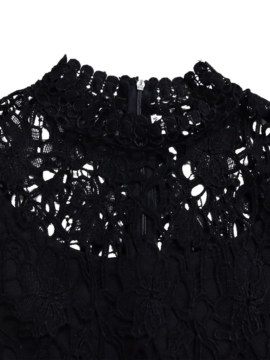 Lace Trim Hollow Short Sleeve Bandage High Waist Wide Leg Jumpsuits