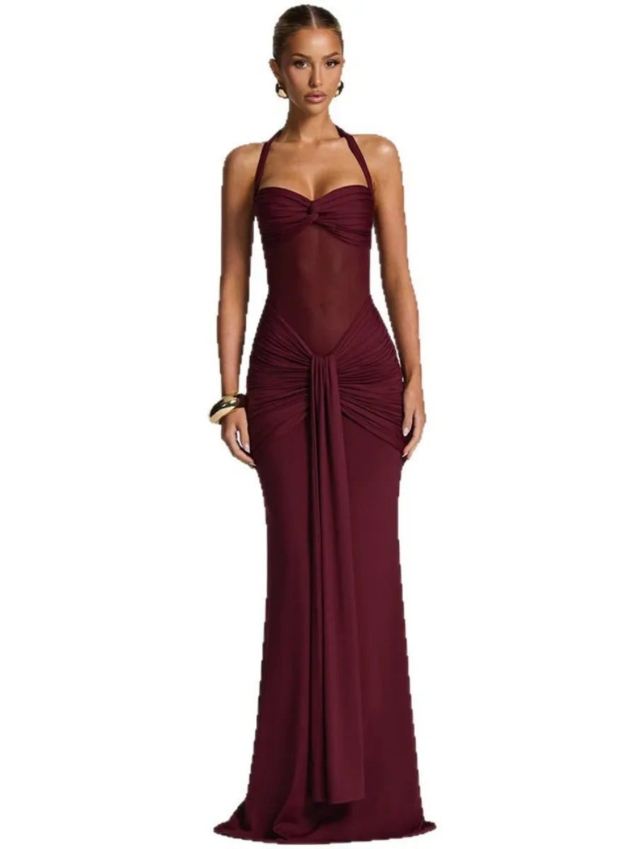 Neckband Lace Up Mesh Formal Dress Maxi Dresses