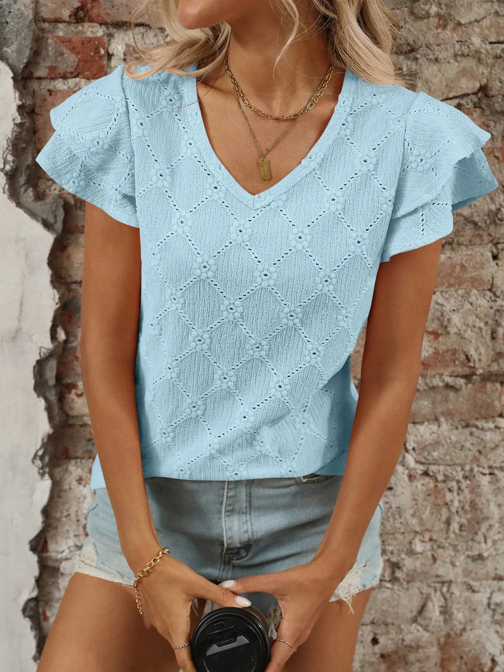 Blouse Top Boho Eyelet Ruffled Cap Sleeve Soft Knitwear