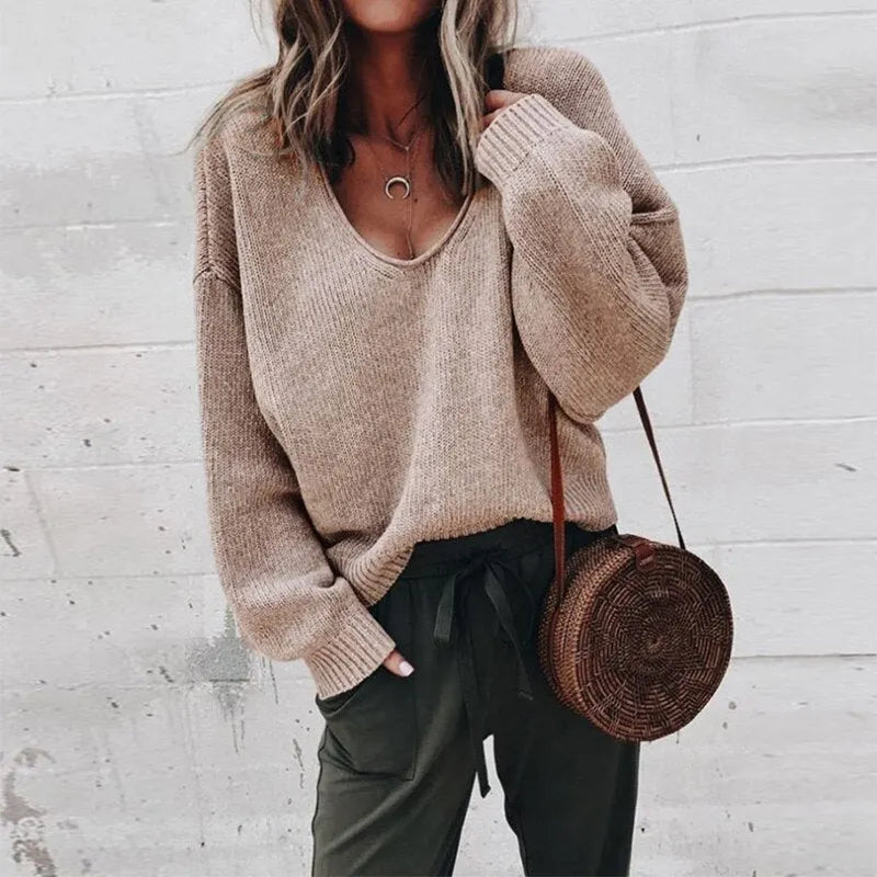 Oversized Women's Sweater with Deep V-Neck